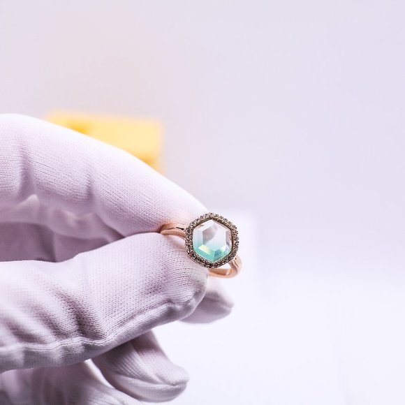 Adjustable Gold Plated Hexagon Green Stone Ring - Picture 1 of 8